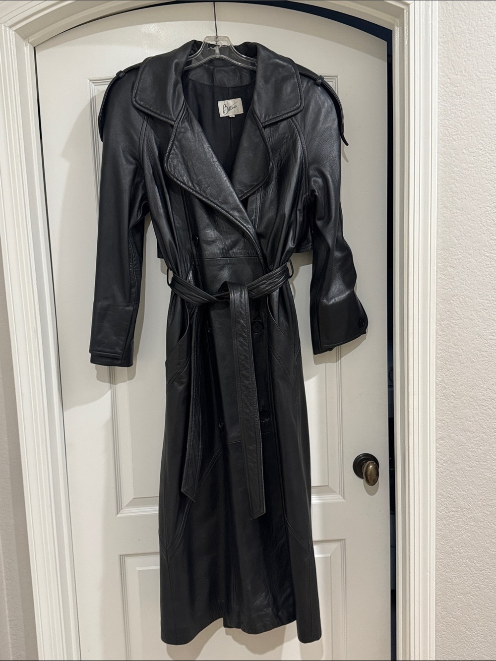 VTG Bettina Black Leather Full Length Trench Coat Maxi Jacket 90s Matrix 10